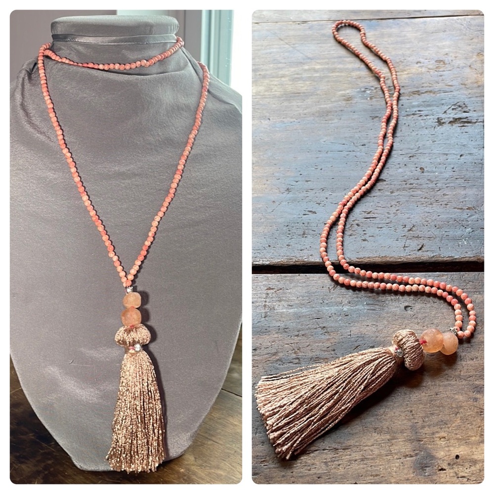 BEAD & TASSEL Vintage & New Longline Necklace, Soft & Dusty Pink